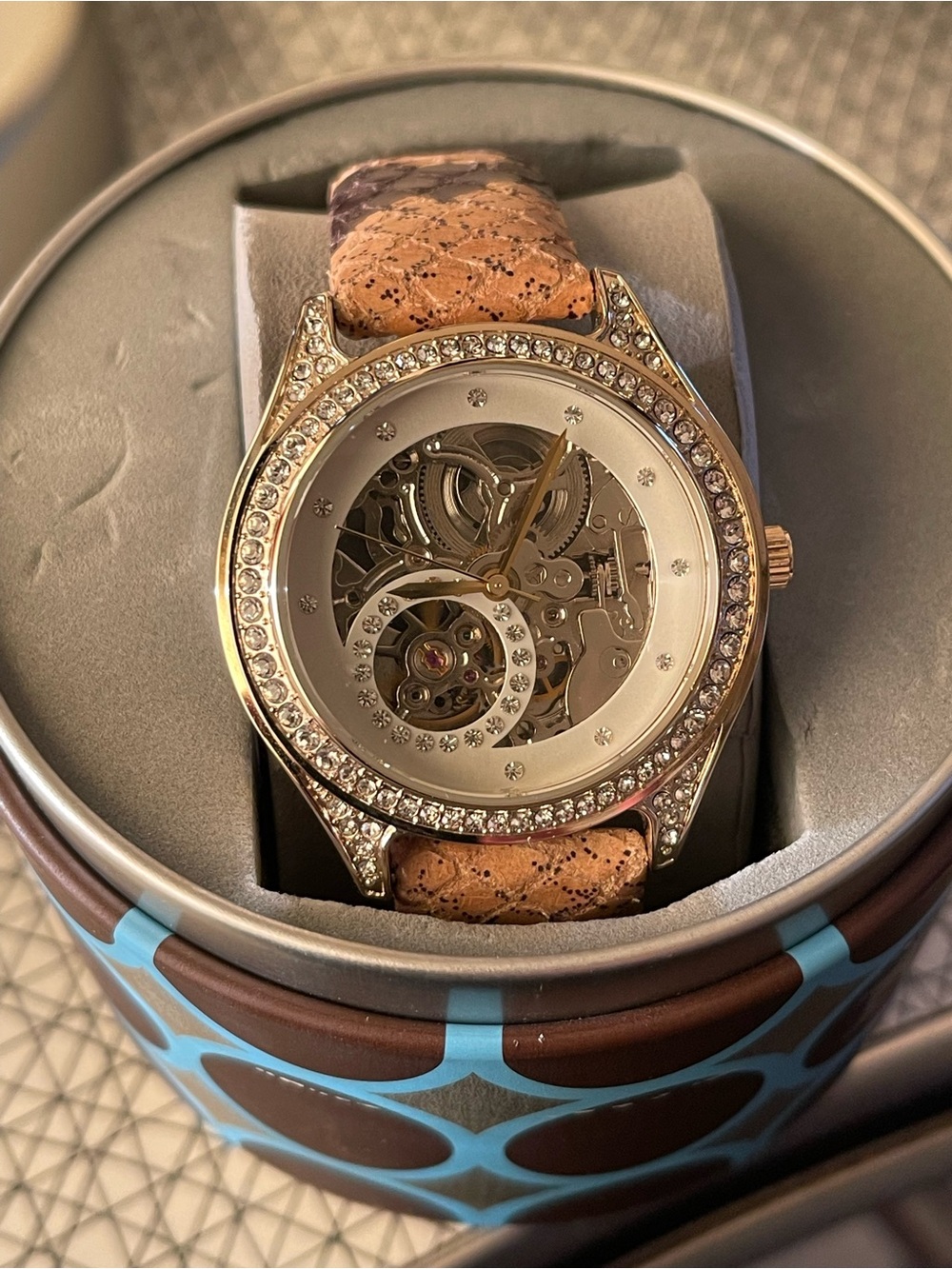 Relic Gold Automatic  Watch with Beige Printed Leather Strap needs new strap